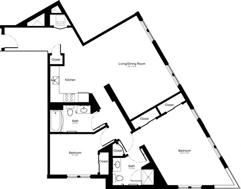 Floor plan for 2 beds, 2 baths, 1150 sqft